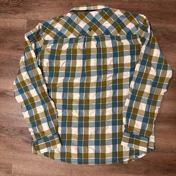 PrAna Casual Button Down Mens Green XL Blue Plaid Rugged Flannel Shirt - Picture 3 of 5